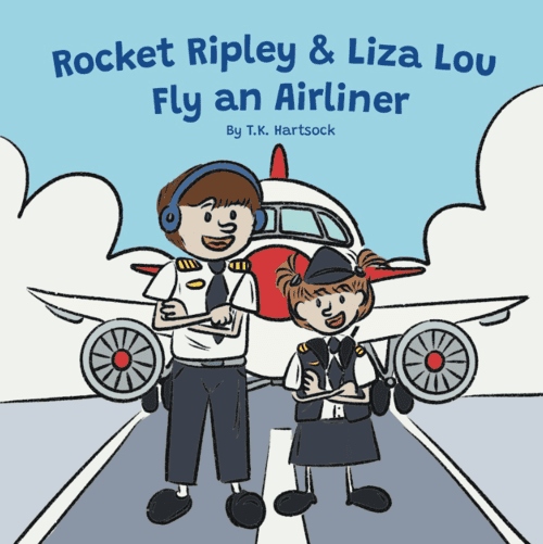 Rocket Ripley and Liza Lou Fly an Airliner children's book cover illustration